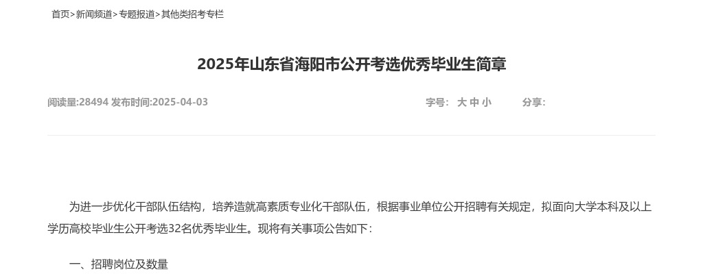 2025年山东省烟台海阳市公开考选优秀毕业生简章（32人） 图片